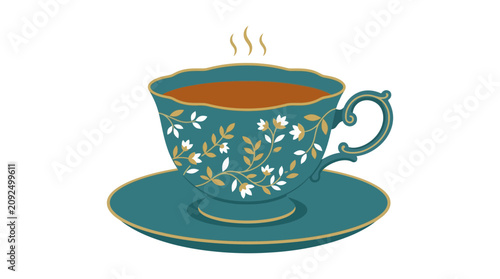 A decorative teacup filled with hot beverage sits on a matching saucer, emitting wisps of steam.
