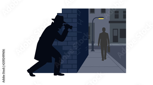 A detective in a trench coat and fedora spies on a businessman walking down a dimly lit city street at night.