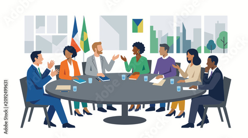 A diverse group of people are engaged in a discussion around a large oval table in a modern meeting room.