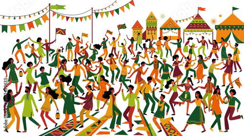A diverse group of people are joyfully dancing and celebrating at an outdoor festival with colorful tents and decorations.