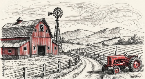 Hand-drawn rustic farm scene illustration with red barn, vintage tractor, windmill, and winding dirt road in a rural countryside landscape.