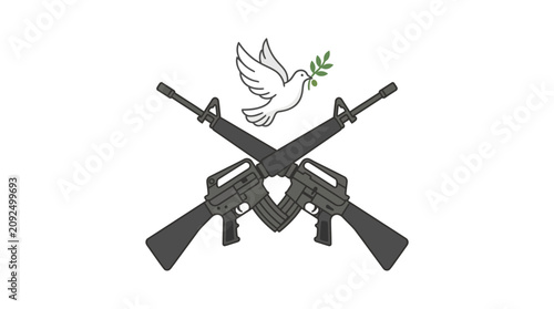 A dove carrying an olive branch flies above two crossed rifles, symbolizing peace and conflict.