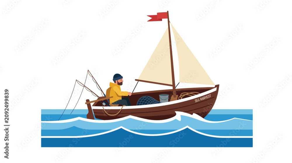 Naklejka premium A fisherman in a yellow jacket sails a small boat with a red flag, fishing rods, and a net on the ocean.