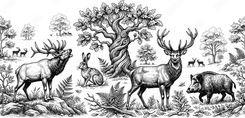 Naklejka premium Vintage Wild Animals Engraving Seamless Horizontal Border Pattern with Detailed Sketches of Deer Elk Boar Rabbit and Oak Tree Forest Landscape