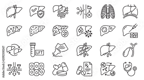 Quadro su tela Medical liver health line icons, set of 24 human anatomy and hepatology vector s