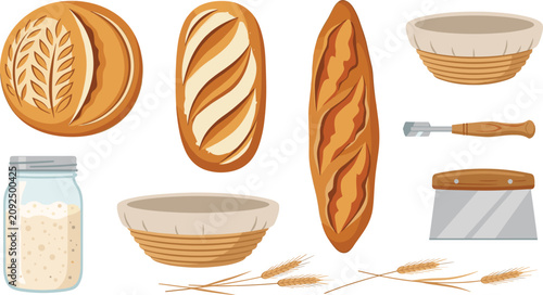 Fotografie Artisan Bread Baking Vector Collection Featuring Round Loaf, Baguette, Proofing