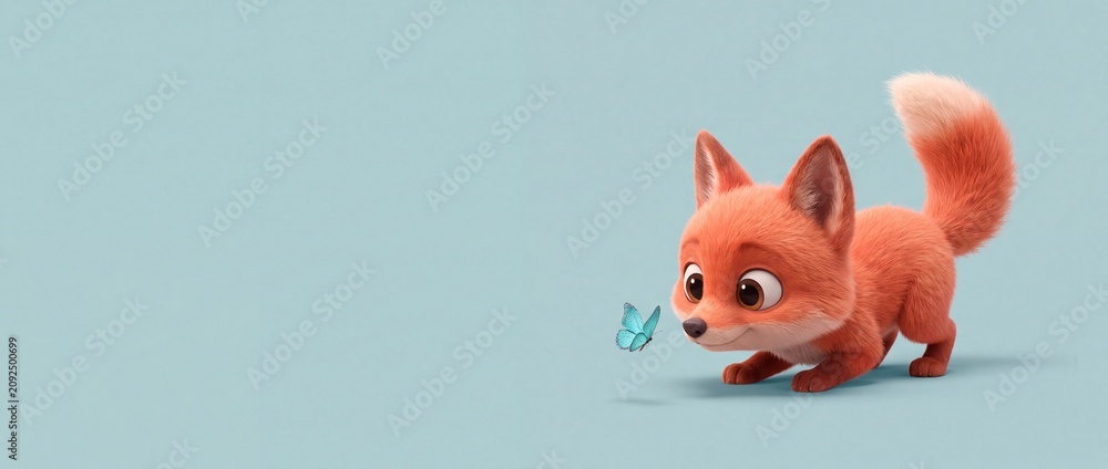 Fototapeta premium Cute red fox baby cub looking at a blue butterfly on a pastel background with copy space. Minimalist 3D character illustration banner representing curiosity, friendship, wonder, and sweet discoveries.