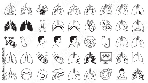 Fotografía Human lungs and respiratory system icons set, 45 medical line icons for pulmonol