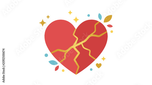 A red heart with golden cracks, symbolizing healing and resilience, is adorned with decorative elements.