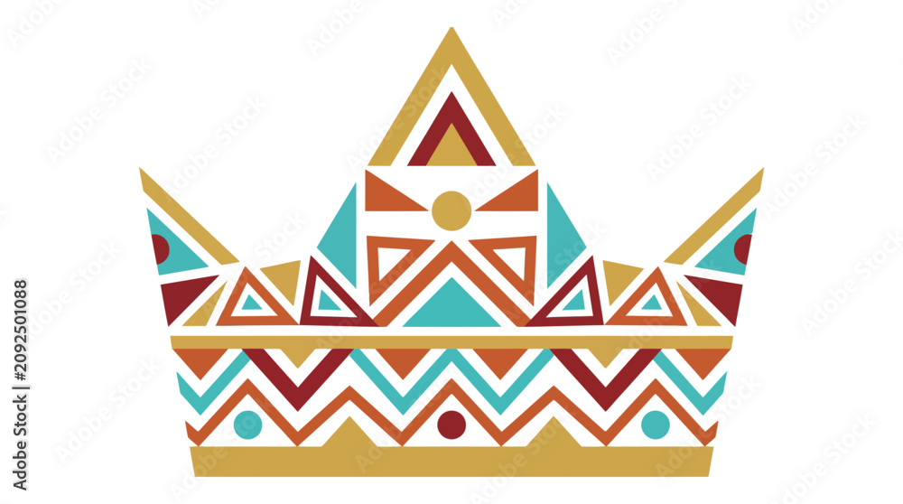 Obraz premium A stylized crown featuring geometric patterns and a vibrant color palette of gold, red, and turquoise.