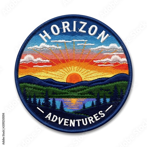 Horizon adventures round embroidered patch with mountain sunset