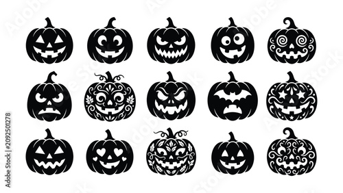 Obraz na płótnie Collection of various black pumpkin faces for Halloween decoration and design