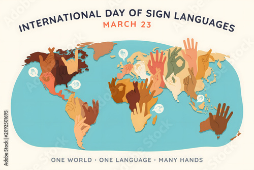 Map featuring various hand signs representing different sign languages with text about the international day of sign languages