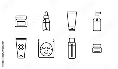 Bild auf Leinwand Cosmetic product lineup skincare sunscreen and serum packaging icons