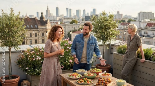 People enjoying outdoor dinner party on city rooftop terrace.