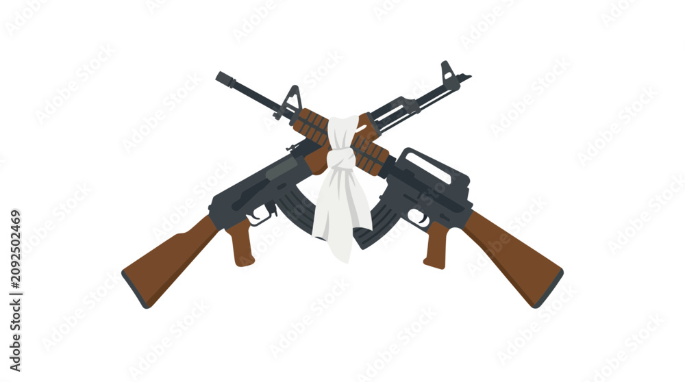 Fototapeta premium Two crossed assault rifles are bound together with a white cloth, symbolizing conflict and peace.