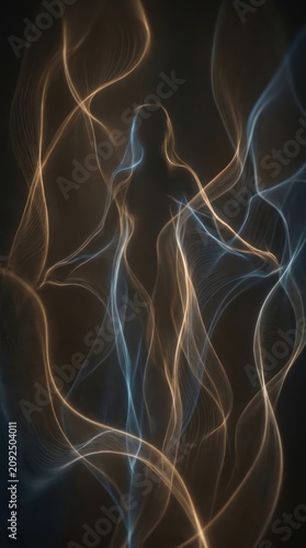 Abstract glowing human silhouette made of ethereal light waves.