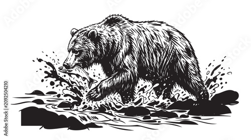 Quadro em tela grizzly bear, black and white illustration, wildlife vector, bear splashing in w