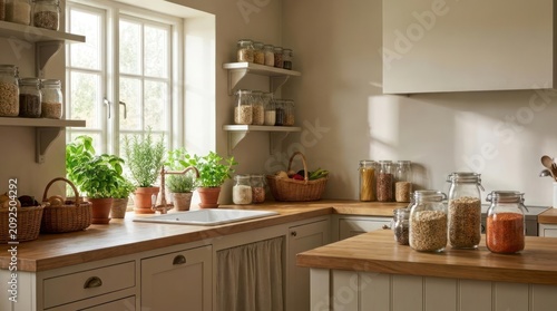 Rustic wooden kitchen counter with herbs and glass storage jars.
