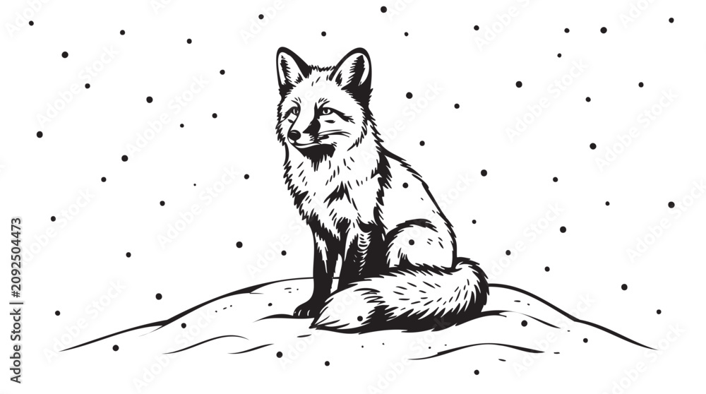 Obraz premium black and white fox illustration, sitting fox vector, snow landscape, winter wildlife