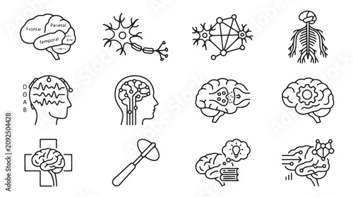 Canvastavla Neurology and brain science line icons, 12 medical vector elements for neuroscie