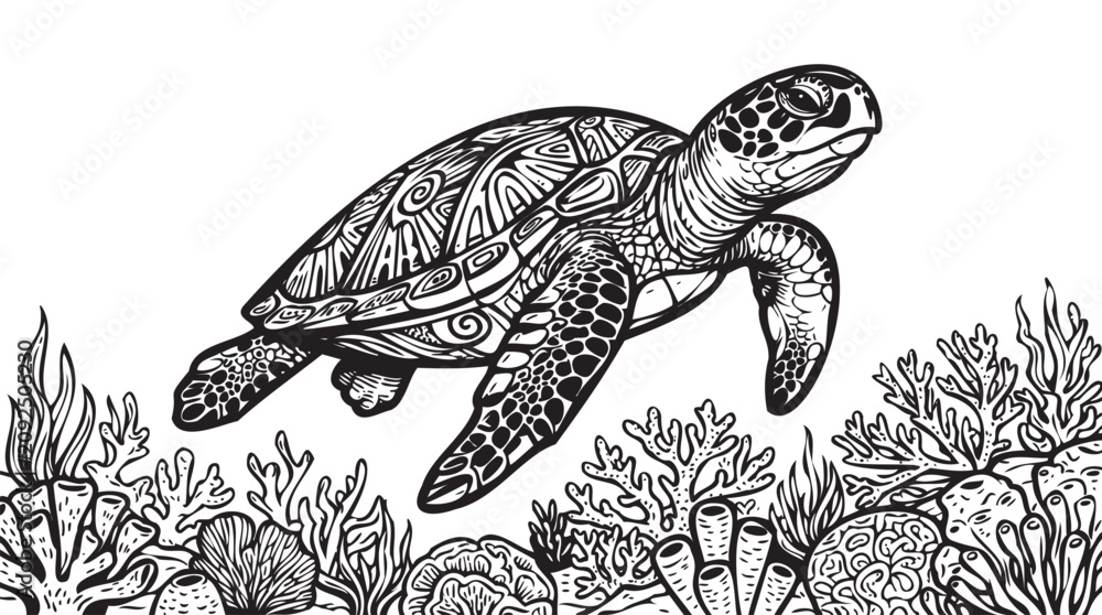 Fototapeta premium Black and white sea turtle, swimming underwater, coral reef scene, vector illustration