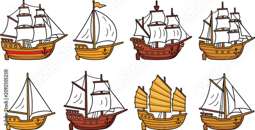 Obraz na płótnie Vintage Cartoon Wooden Sailing Ships Vector Set Featuring Historical Galleons Ca