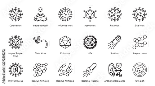 Bild auf Leinwand Microbiology virus and bacteria icon set, 18 medical science line vector illustr