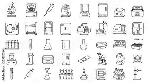 Slika na platnu Laboratory equipment icon set, professional medical research tools vector, scien
