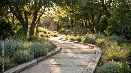 Sunny stone garden path winding through lush trees.