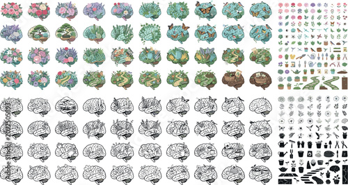 Bild auf Leinwand Brain Shaped Garden Ecosystem Vector Icon Set Featuring Plants Flowers Gardening