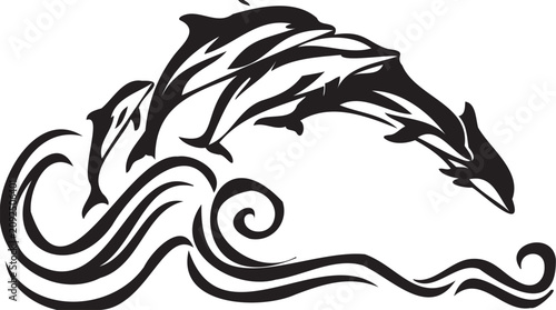 Konstfotografi Black dolphin tattoo, wave design, swimming mammal, ocean animal vector