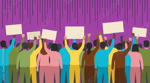 Back view of diverse protestors holding blank signs and raised fists.
