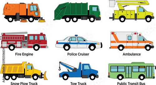Obraz na płótnie Flat Color Municipal and Emergency Service Vehicles Vector Icon Set Featuring Fi