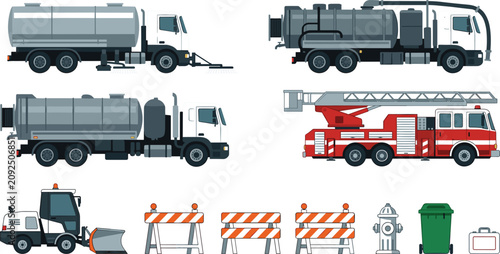 Fotografía Flat Color Municipal Service Vehicles Vector Set Featuring Tanker Trucks Fire En
