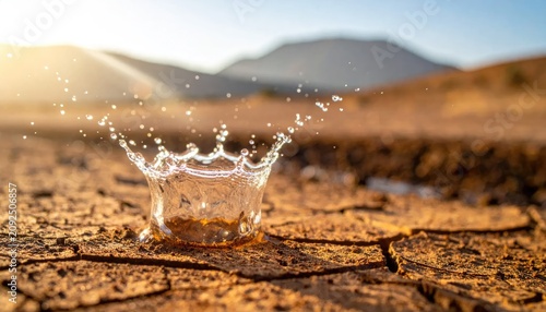 Clear water splash crown on dry cracked desert ground.