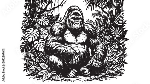 Canvas Print gorilla, jungle, black and white, illustration, vector, primate, wildlife, tropi