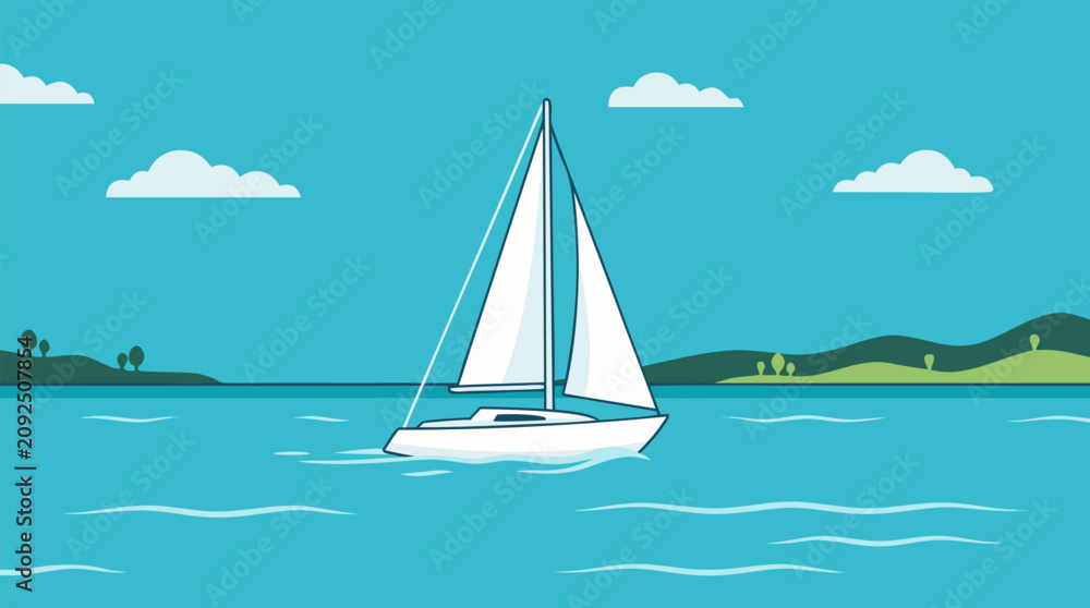 Naklejka premium Serene white sailboat gliding smoothly across calm turquoise sea under bright clear blue skies with distant green hills minimalist vector illustration perfect for travel and nautical themes
