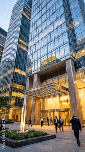 View of a modern glass skyscraper under clear sky.