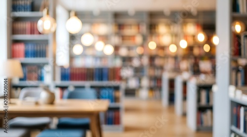 Soft focus view of a cozy library interior with warm lights, creating a tranquil atmosphere for reading and study