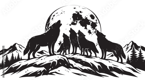 Konstfotografi Pack of wolves howling at full moon, mountain landscape, black silhouette, vecto