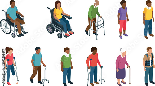Isometric Disability and Injured Patients Vector Set Featuring Diverse People with Wheelchairs Electric Scooter Walker Crutches Canes Neck Braces and Back Support Braces