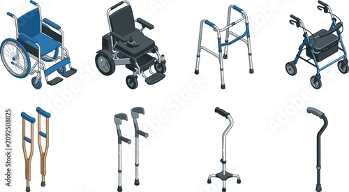 Foto Isometric Mobility Aids Vector Icon Set Featuring Blue Manual Wheelchair Motoriz