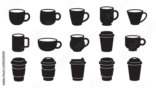 Set of fifteen simple black vector silhouettes of various coffee cups mugs and takeaway drink containers isolated on white background