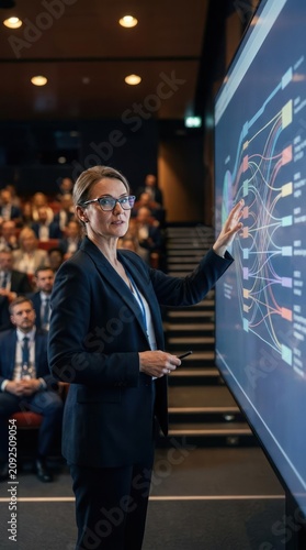 Businesswoman presenting data on digital screen in dark hall
