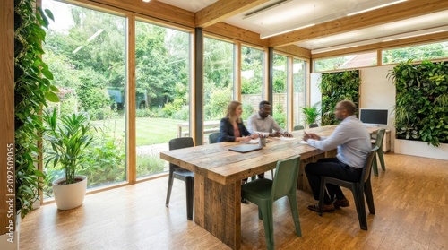 Business team meeting in modern green office workspace.