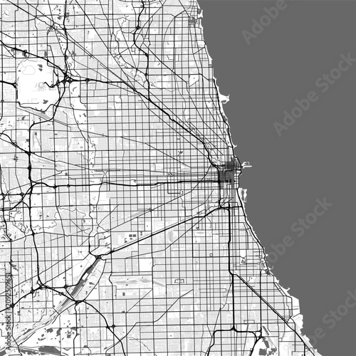 Minimal vector city map of Chicago with streets, parks and Lake Michigan shoreline
