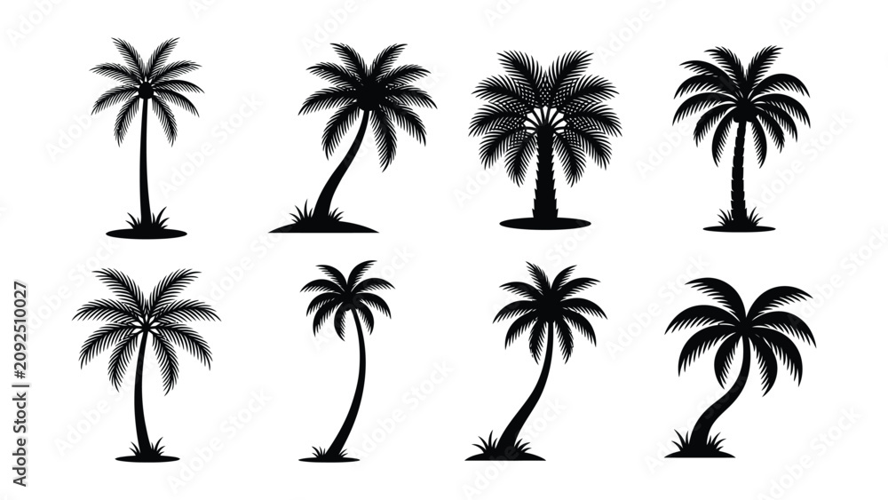 Naklejka premium Set of palm trees in various poses and shapes on white background