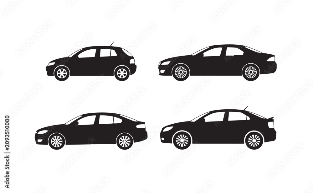 Fototapeta premium Set of silhouettes of various cars, car side view sedan hatchback sportcar isolated.