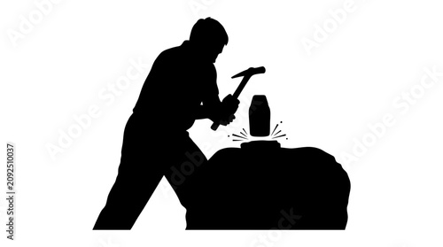 Bilde på lerret Blacksmith hammering metal on anvil isolated silhouette